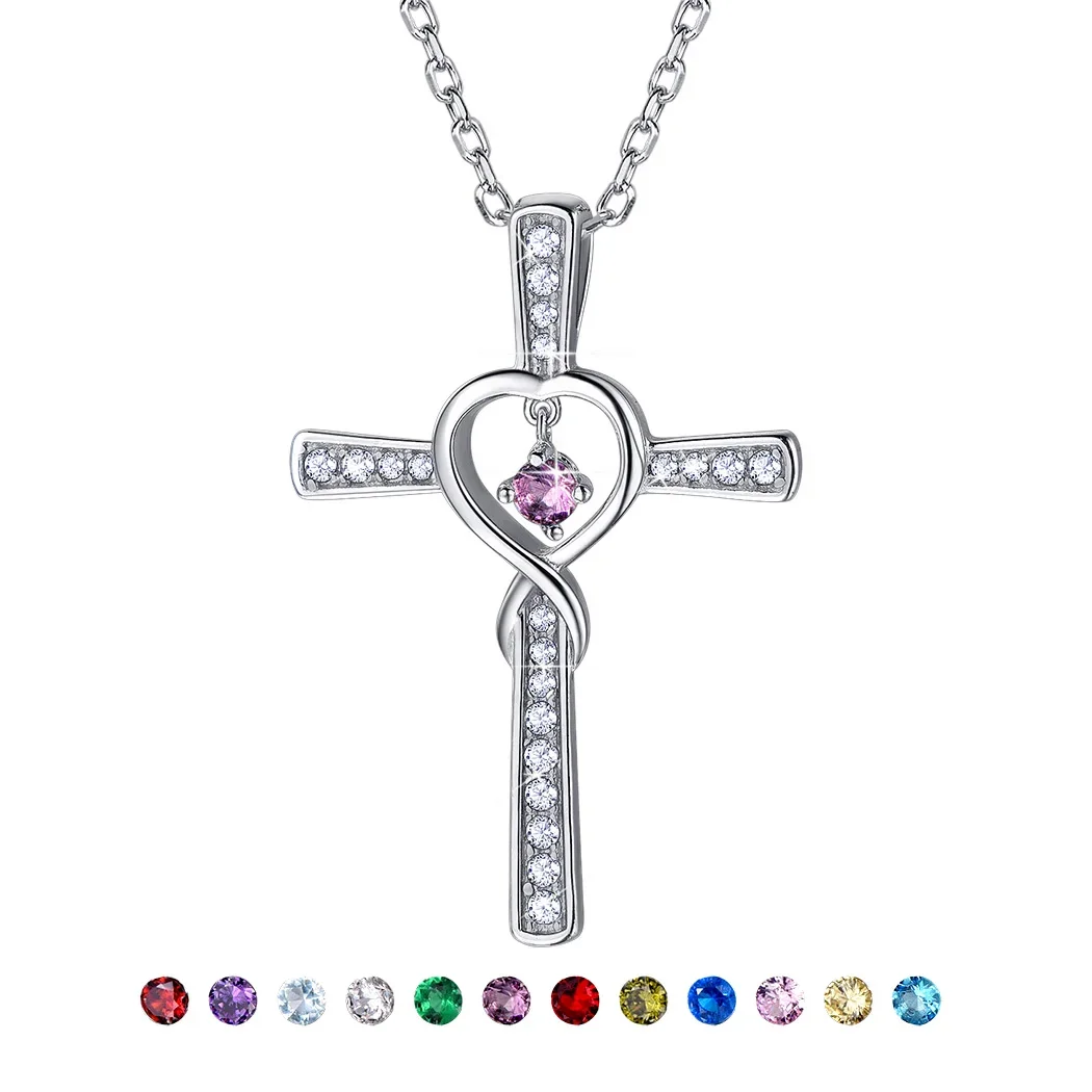 U7 925 Sterling Silver Infinity Cross Necklace for Women Clear CZ with Flexible Birthstones Birthday Dainty Jewelry Gift for Her
