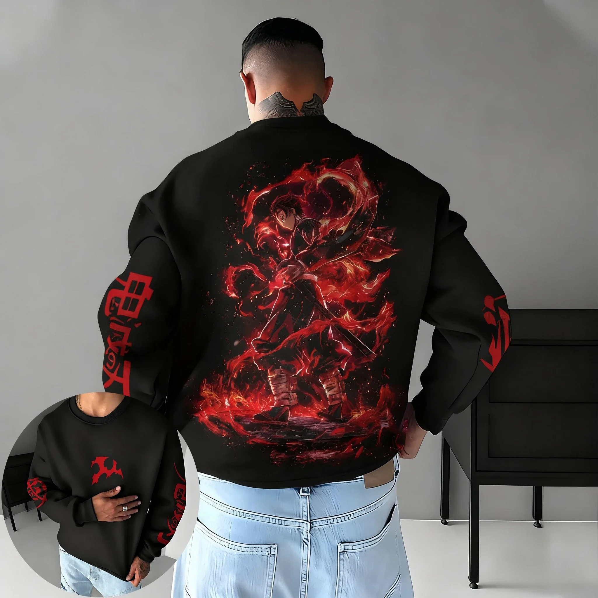 

Demon Slayer аниме Kamado Tanjirou свитер без головы с принтом 2022, осень/зима, новинка Harajuku, мужская повседневная свободная толстовка с круглым вырезом