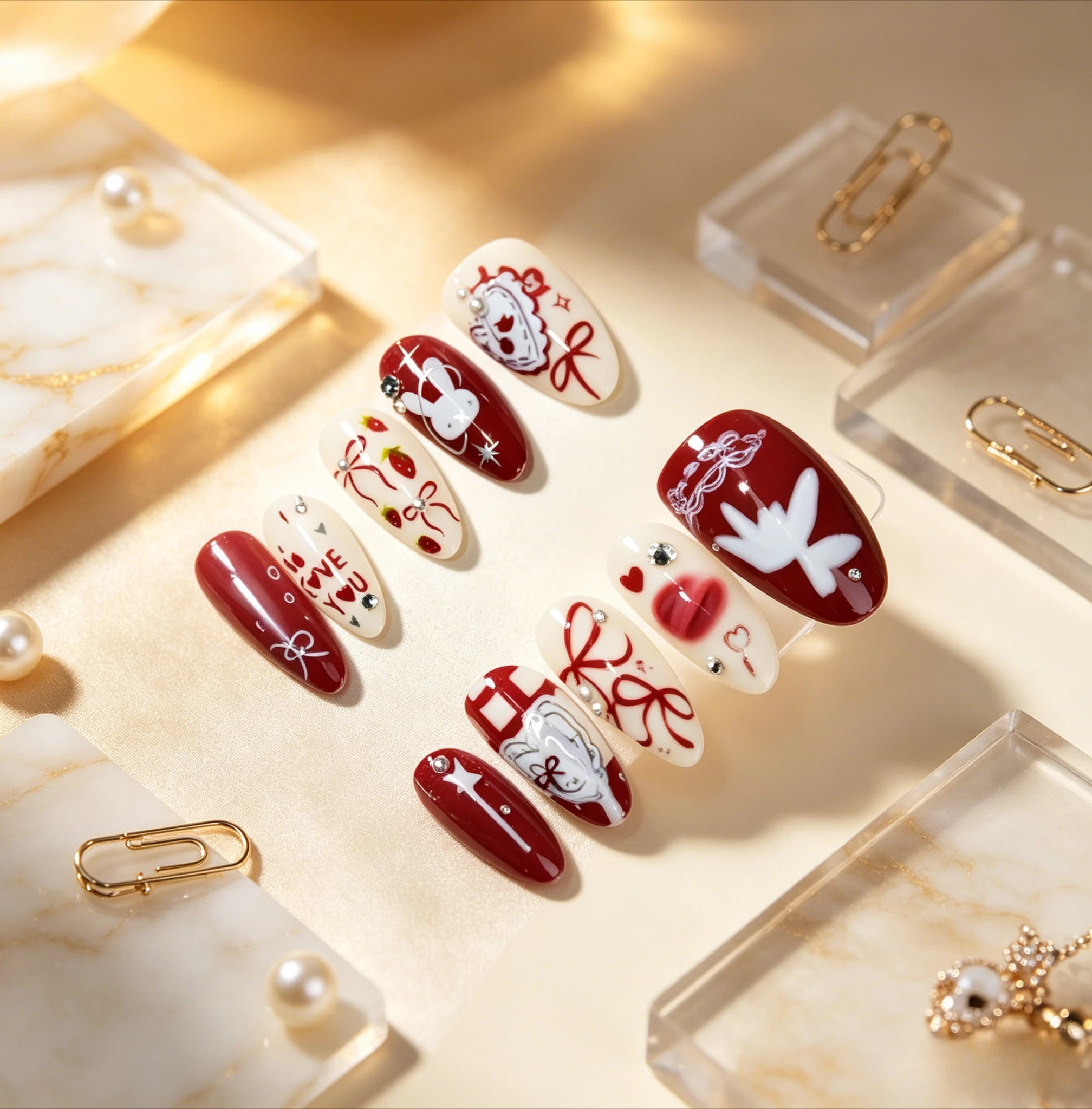 

Y2K 24Pcs Wine Red Medium Almond Fake Nails Press on With Butterfly Cartoon Rabbit Rhinestone Pearl Design DIY Manicure Fingernails