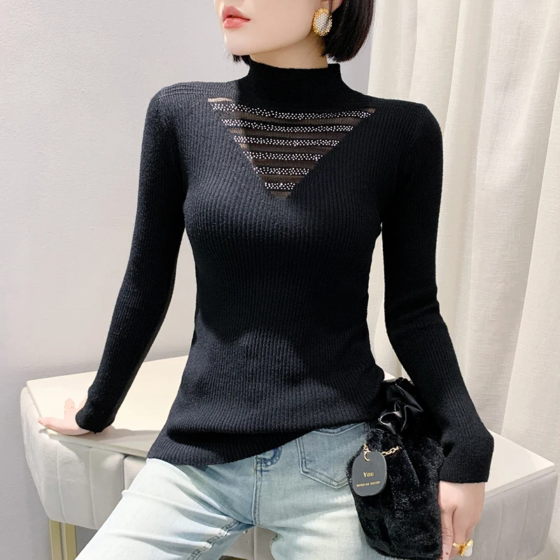 Black,Korean,Style,Fall,Winter,Knitted,Turtleneck,Sweater,Chic,Sexy,Patchwork,Diamonds,Women,Long Sleeves,Tops,2025,New,4102909