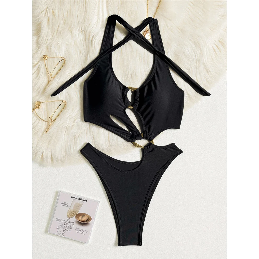S - XL, Schwarz, asymmetrischer Schnitt, Damen-Badeanzug, einteiliger Badeanzug, Damen, mit Metallring, hoher Beinausschnitt, Badebekleidung, V7065. – Detail 9