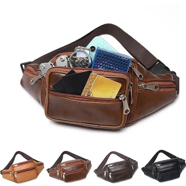 Fashion Men Leather Fanny Bag for Phone Pouch Male Leather Messenger Bags Brand Fanny Pack Male Travel Waist Bag