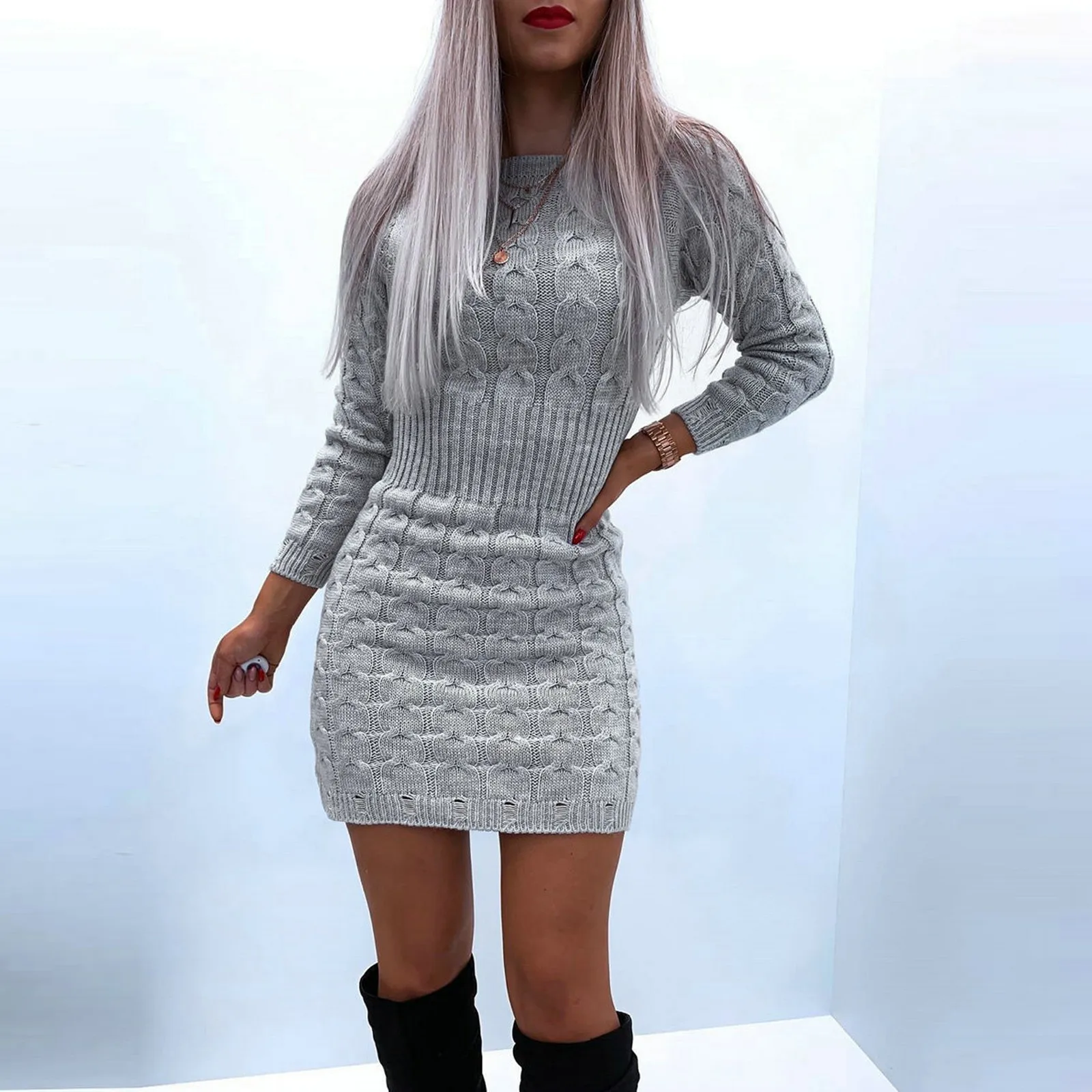 Elegant New Autumn Winter Sweater Dress Solid Color O Neck Long Sleeve Knitted Bodycon Mini Sweater Dress Female Knit Sexy Dress