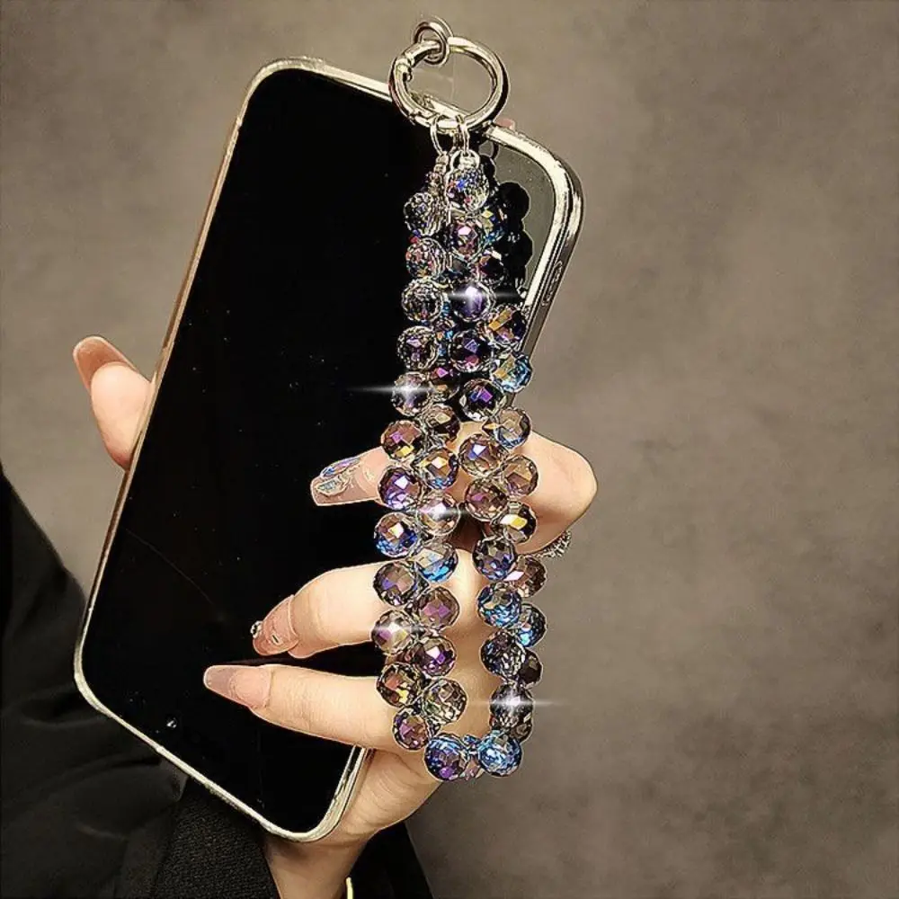 Stylish Glitter Crystal Bead Detachable Transparent Crystal Bead Keychain Colorful Phone Lanyard for Women Girls
