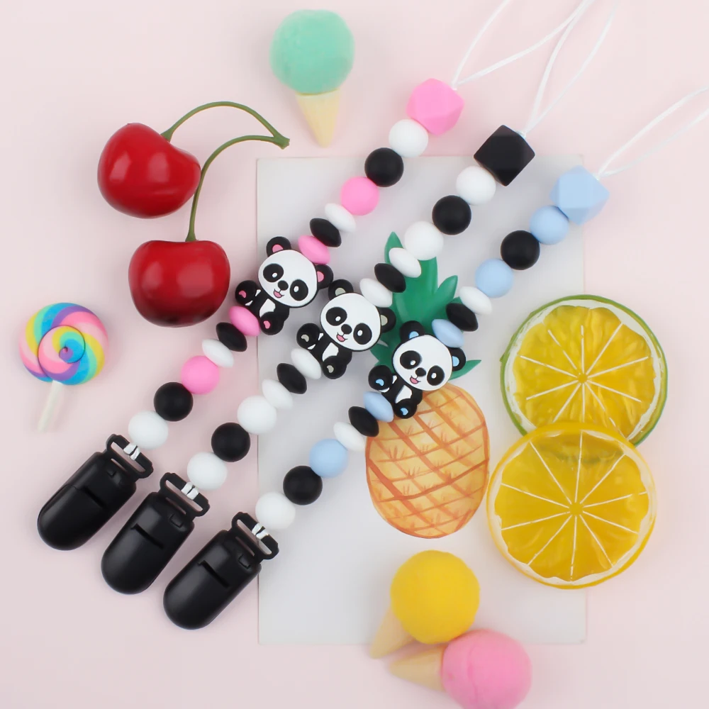 Pacifier Chain Clips Baby Nipple Holder Panda Dummy Clip Silicone Beads Food Grade Teething Teether Soother Chain Newborn Gift