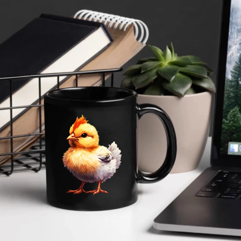 Ceramic mug, black cute chick design, suitable for coffee tea, breakfast, gift.