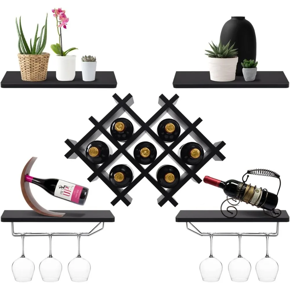 

Wine Rack Wall Mounted Set of 5, Wood Wall Wine Shelf Racks with Glass Holder and Stemware Hanger