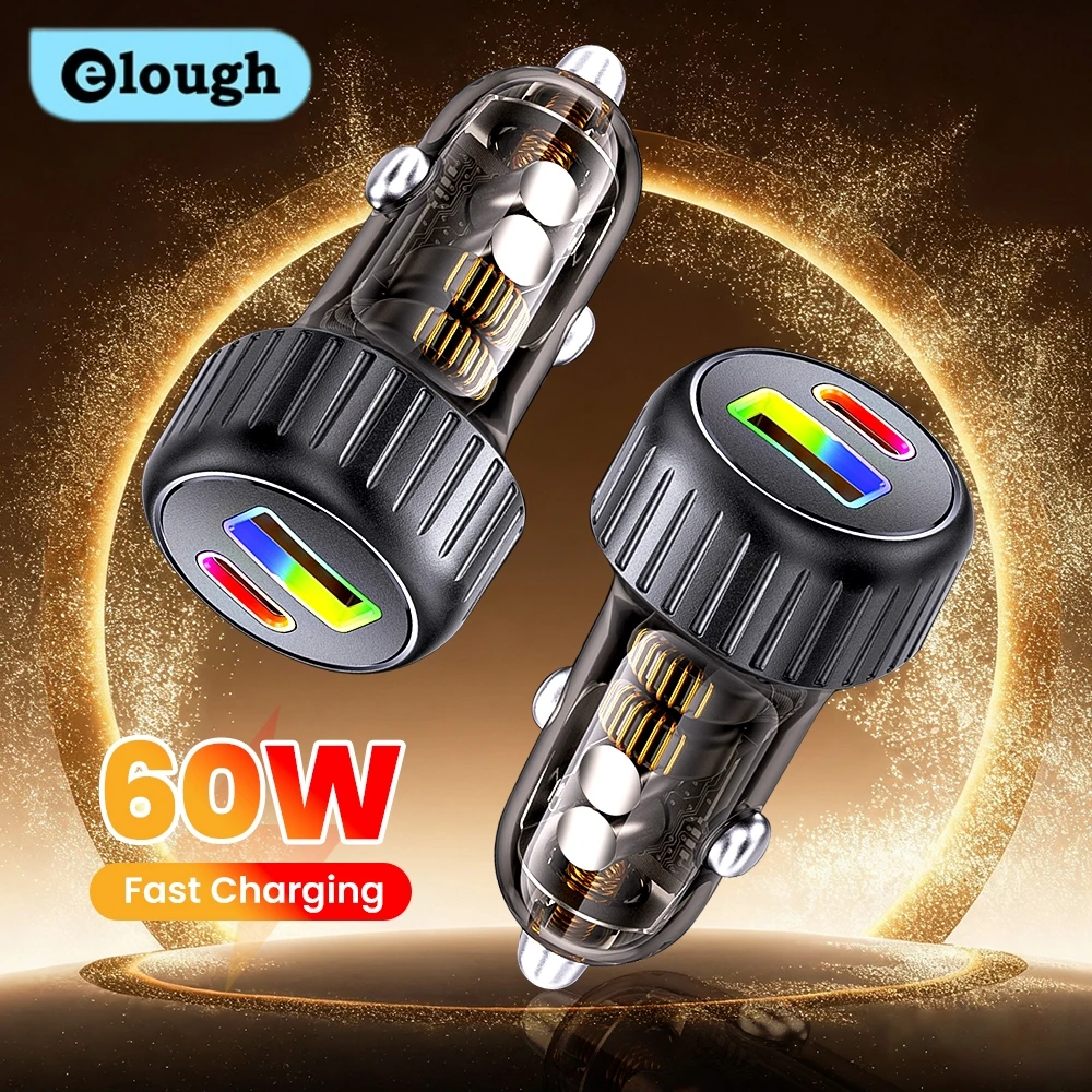 Elough 60W USB/Type C Dual Port Car Charger Fast Charging 2 IN 1 Car Cigarette Lighter Conversion Plug Car Charger