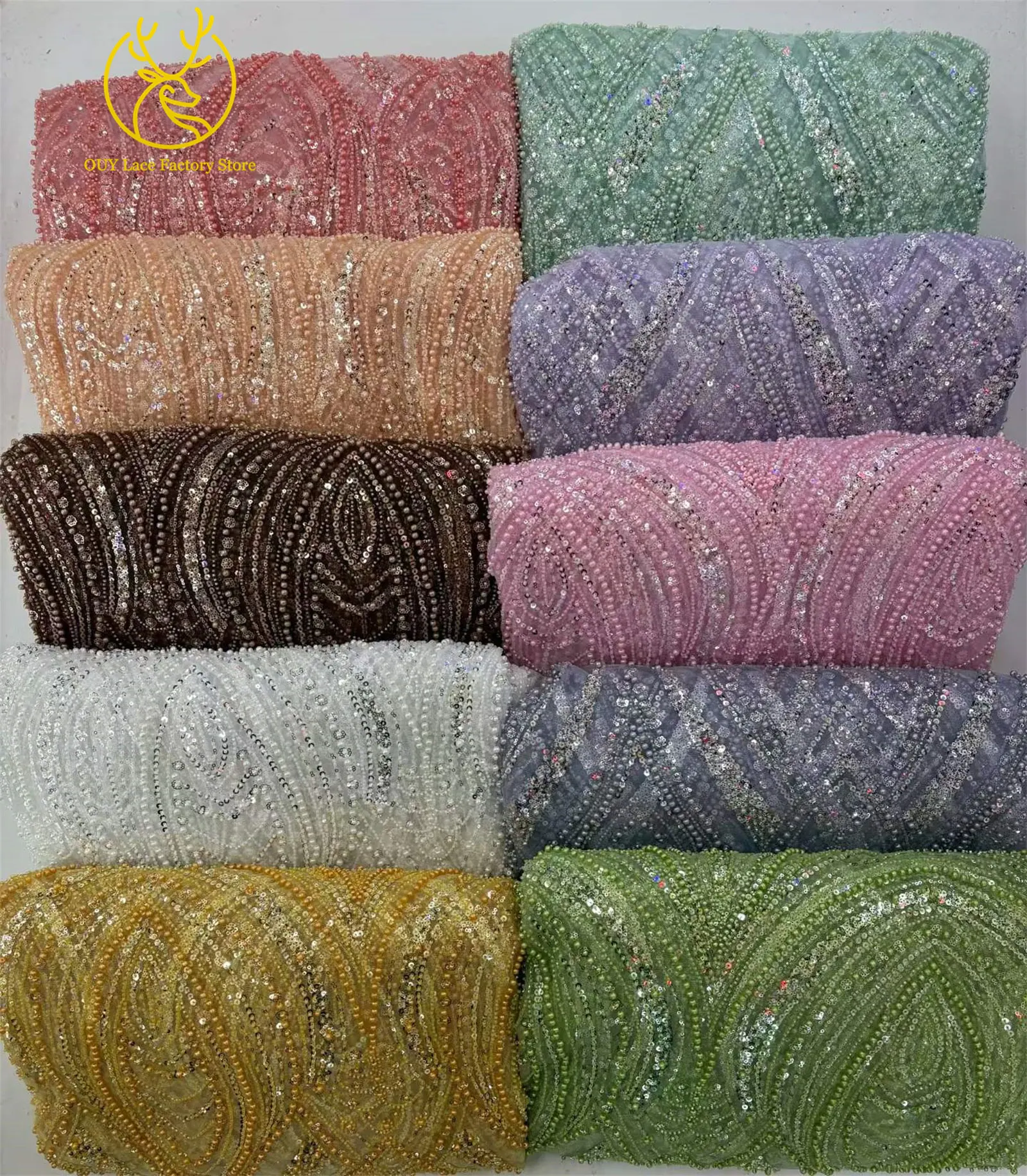Afrikanischer Perlenstickerei-Spitzenstoff, 5 Yards, hochwertiger, eleganter Pailletten-Spitzenstoff, grün, nigerianisch, für Hochzeits- und Abendkleider – Detail 18