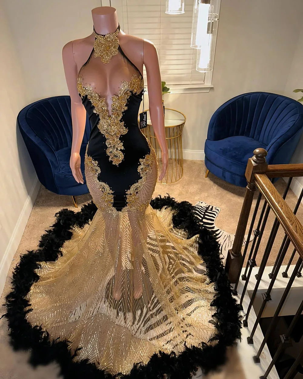 Luxury Feathers Prom Dresses For Women 2025 Halther Lace Sequin Mermaid Black Girls Party Gowns Evening Wear Customized