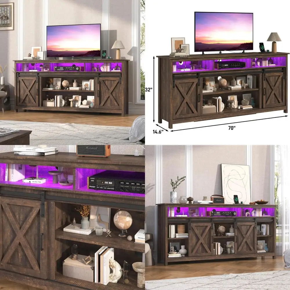 Wooden 80/75 Inch TV Stand with Sliding Barn Doors, LED Entertainment Center, Storage, and Power Outlet