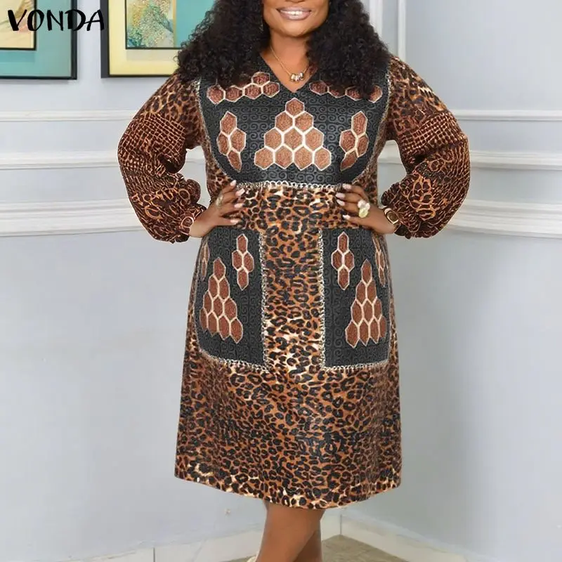 

Плюс размер 5XL VONDA богемное платье миди с принтом женское с длинным рукавом винтажное повседневное платье большого размера с v-образным вырезом свободный вечерний сарафан 4XL