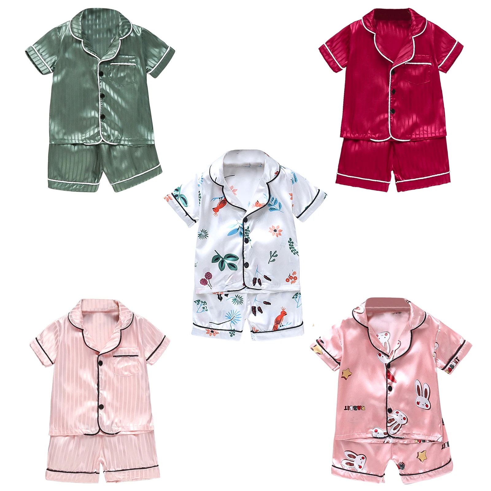 Baby Summer Silky Soft Print Sleepwear Casual Pajamas Set Short Sleeve Turndown Collar Top with Shorts Nightwear Loungewear