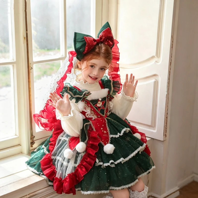 Girls Christmas Lolita Dress Kids Red Green Santa Princess Costume Children Lace Ruffle Tulle Ball Gown Holiday Party Gifts