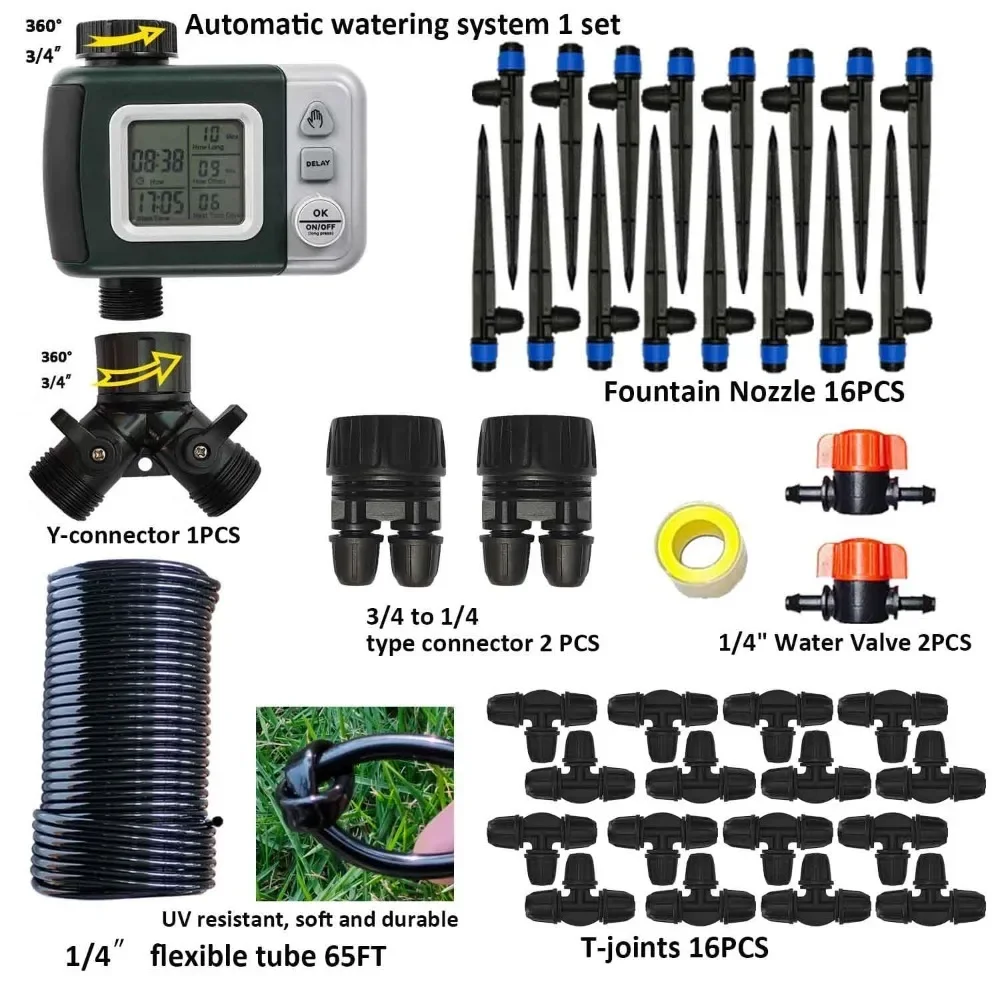 Drip irrigation system kit with water timer 82FT 1/4 hose, used for 16 fountain nozzles, automatic plant watering system