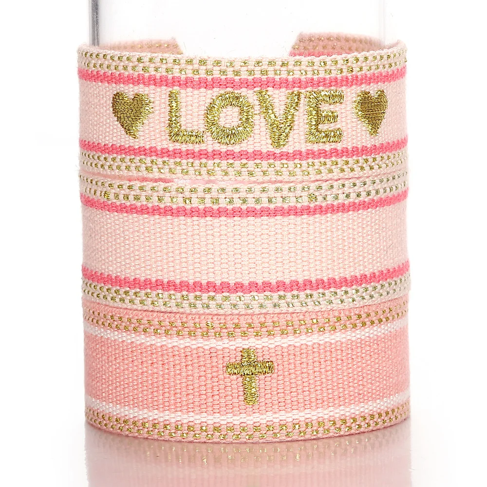 ALLYES Vintage Letter Love Cross Embroidery Hand Woven Bracelet Adjustable Stackable Pink Cotton Fabric Knitted Tassel Bracelets