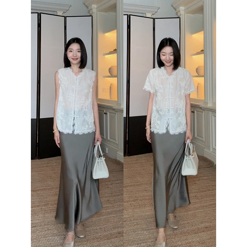 

Элегантный новый комплект в китайском стиле: вышитый кружевной топ и юбка-рыбий хвост из сатина для женщин, летний модный наряд.