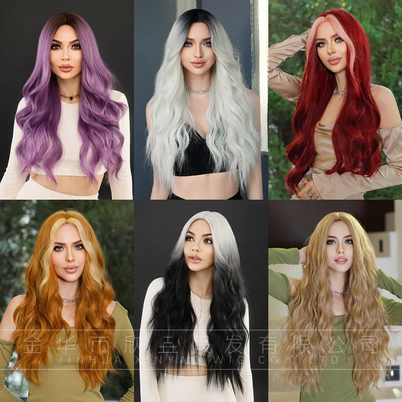 Colored Long Curly Middle Part Wavy Synthetic Hair Wigs