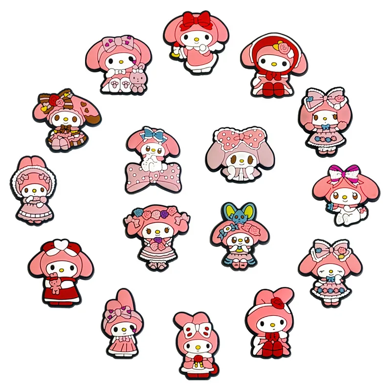 

16Pcs Anime Cute Sanrio Serie Melody Clogs DIY Shoe Flower Decorative Buckles Detachable Soft Rubber Shoe Clip children gift