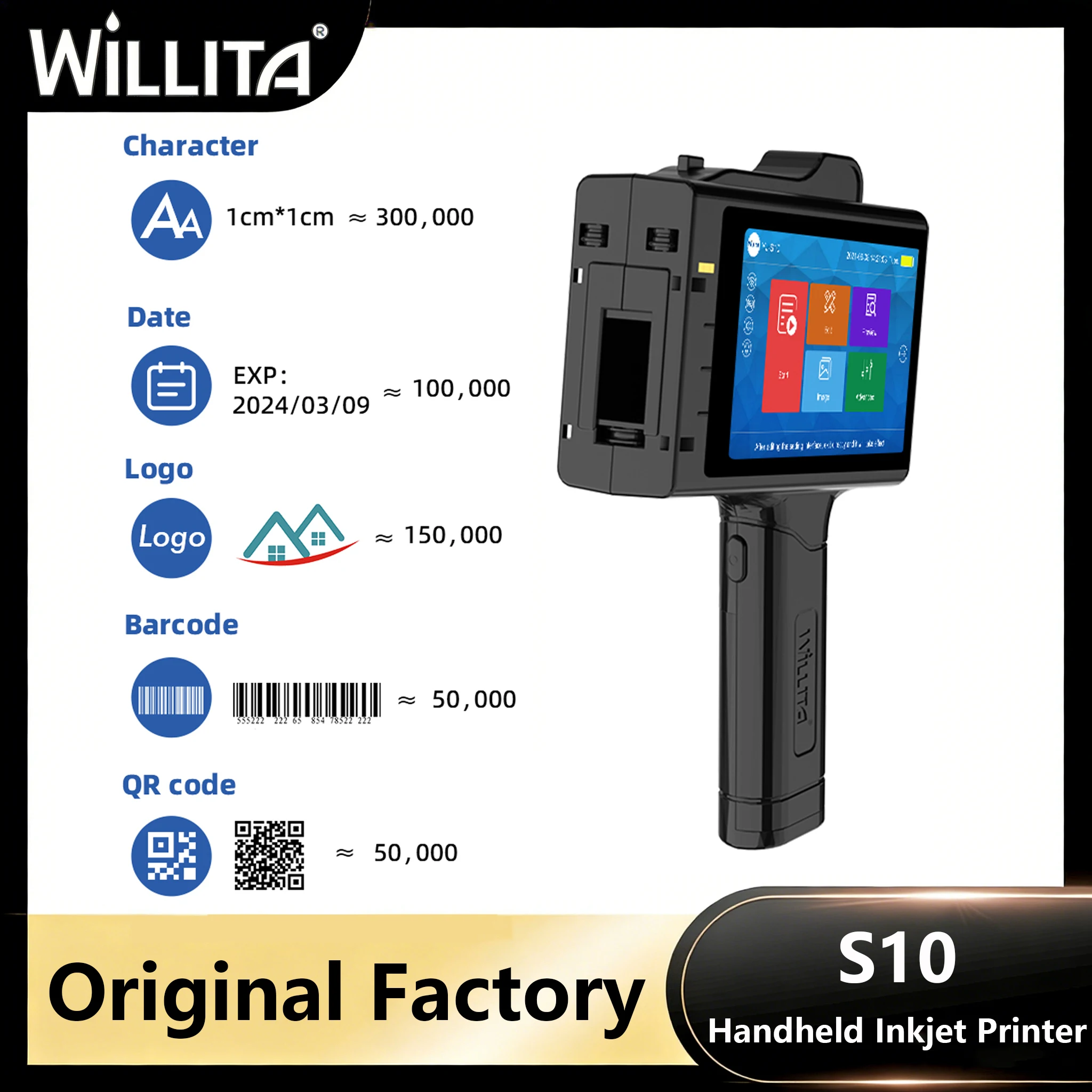 WILLITA Portable Handheld Inkjet TIJ Printer Gun 25.4mm S10 for Logo Expiry Date QR Barcode Batch Numbers Labeling Machine