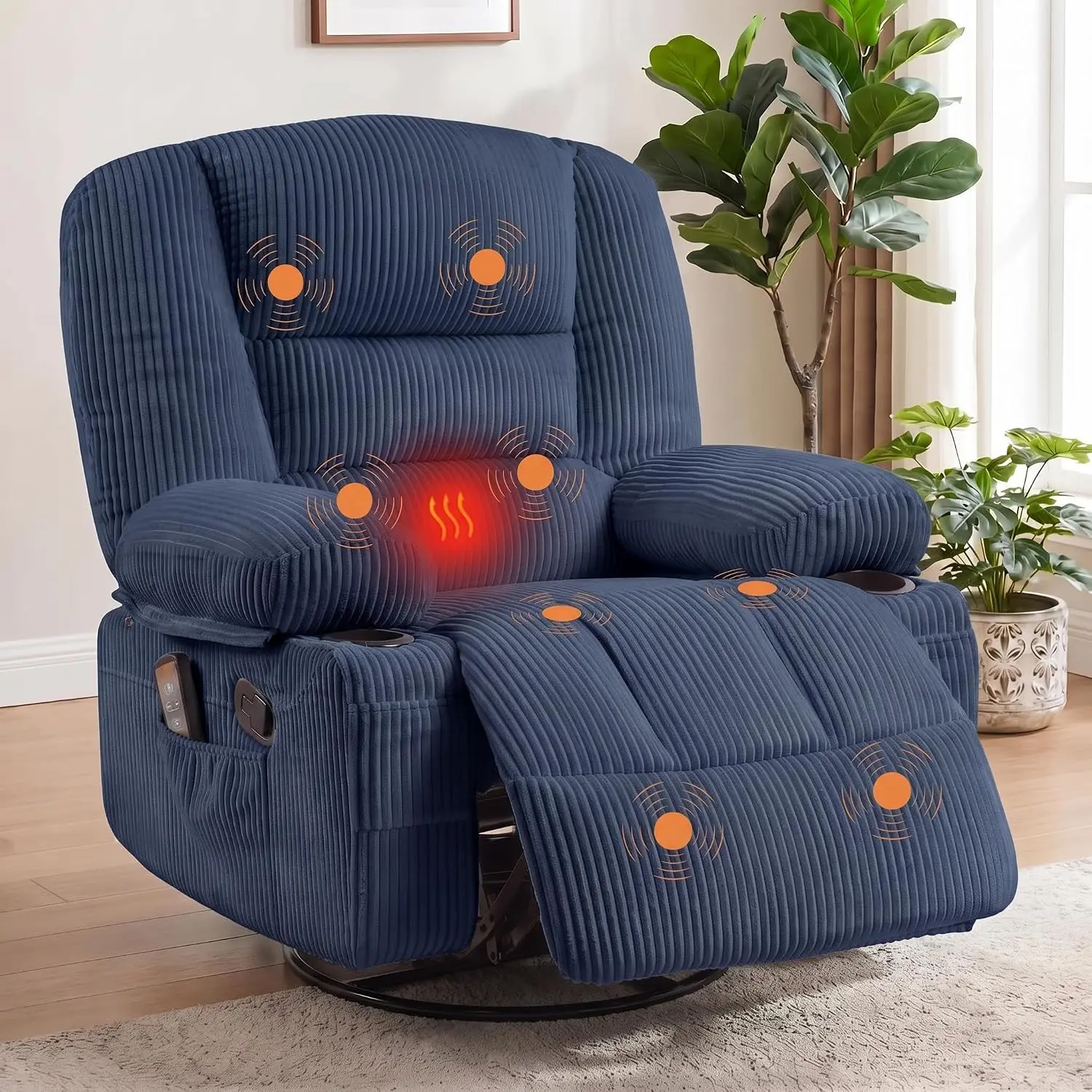 Garvee Recliner Chair, Massage Rocker, 360 Swivel, Heat, USB 350 LB Capacity, 8-Point Vibration, Lumbar Heat, 145° Recline, 2 Cup Holders, USB Port, Side Pocket And Retractable Footrest