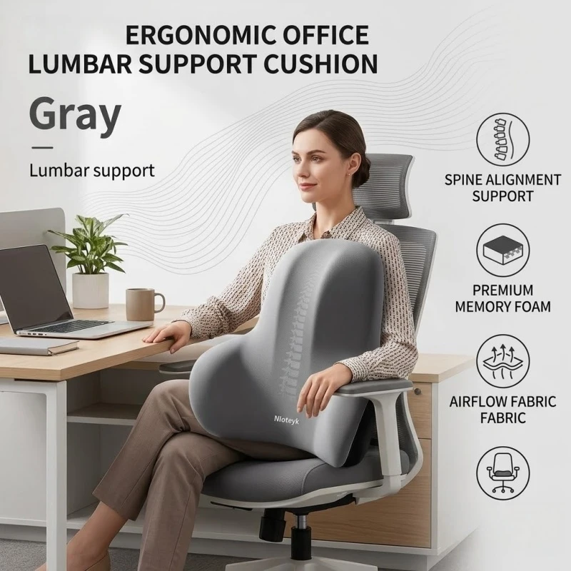 Cojín de espuma viscoelástica para asiento de coche, soporte lumbar para la cintura, accesorios universales para automóvil, almohada de viaje, gris