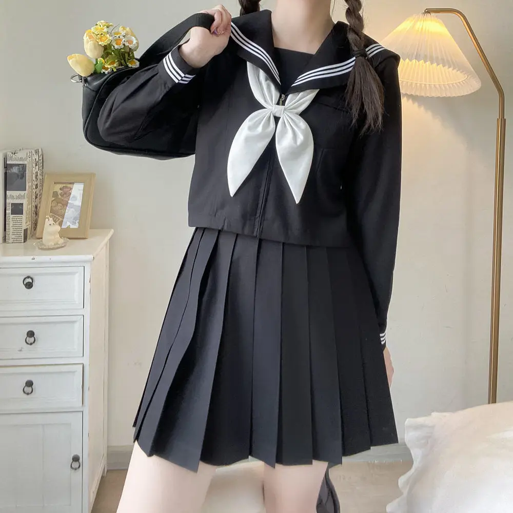 Schwarzer Matrosenanzug Schulmädchen Uniform Japanische Seifuku Student Schuluniformen Kostüm Frauen Matrosenoutfit Sexy JK Faltenrock