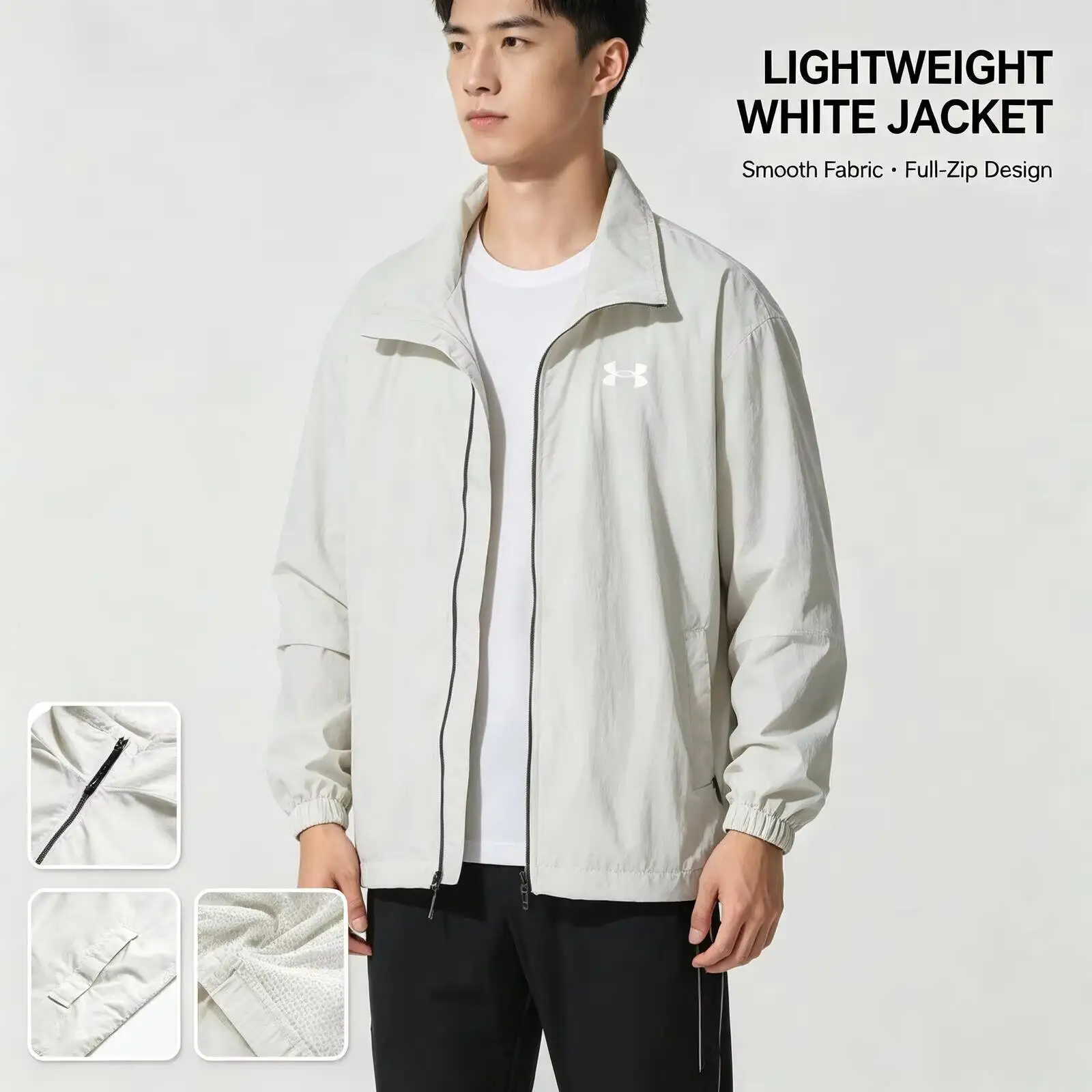 New Under Armour Lightweight White Jacket for Women Men Smooth Fabric Full-Zip Up Jacket Relaxed Fit Casual Outdoor Streetwear