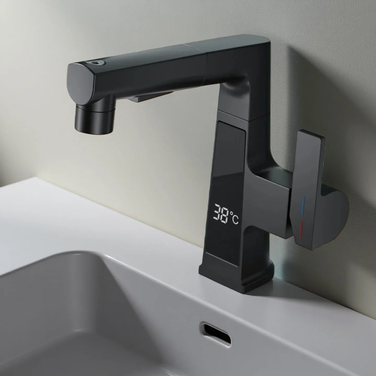 Bathroom faucet Pull-out liftable hot and cold water smart digital display single-hole washbasin retractable faucetG3/8G1/2