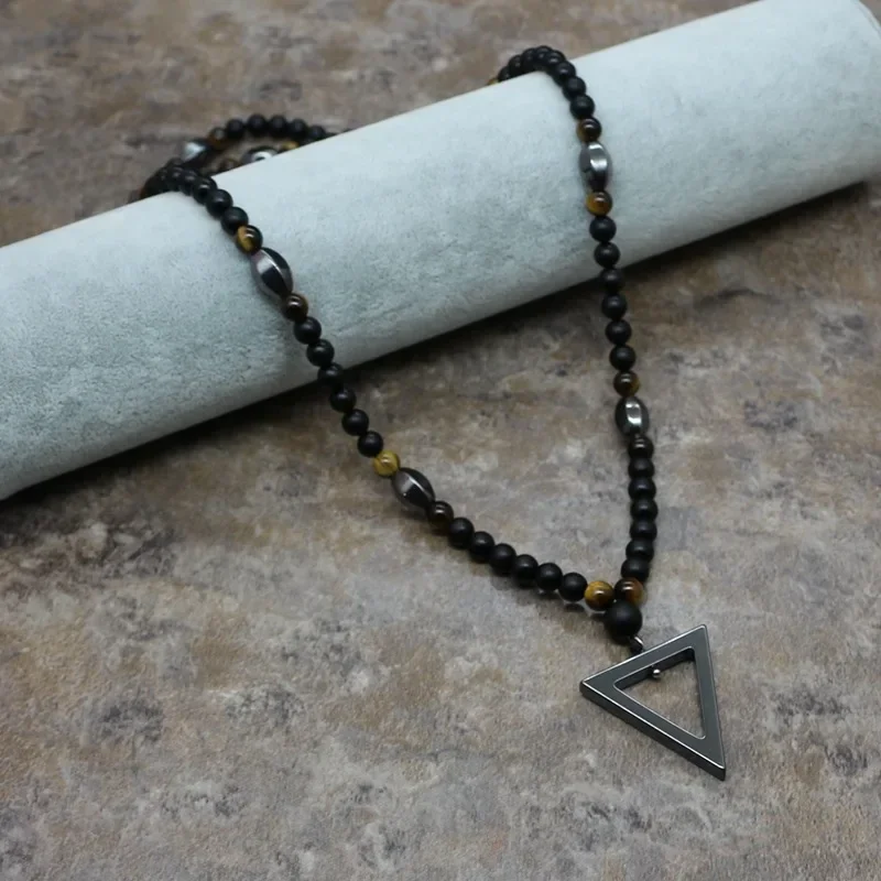 6MM Matte Black Gate Beads Necklaces Geometric Triangles Pendant for Men Long Beaded Chain Fashion Male Jewelry