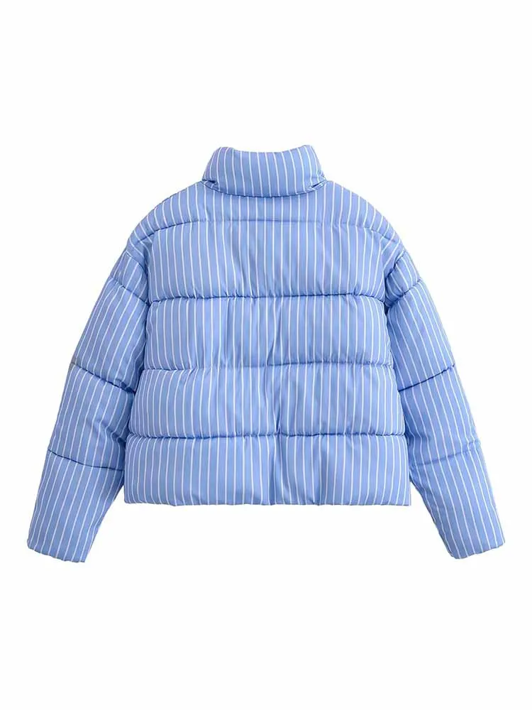 HH 여성 겨울 패션 긴 소매 스탠드 칼라 블루 앤 화이트 스트라이프 장식 코튼 코트 여성 캐주얼 따뜻한 재킷