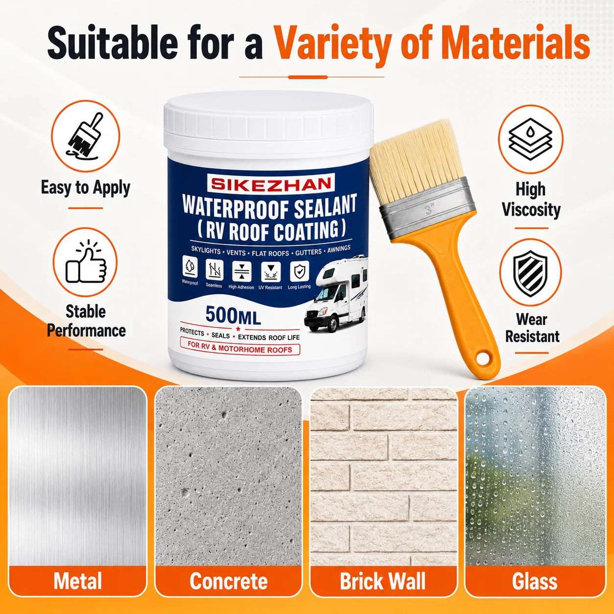 RV Roof Repair Sealant Waterproof Coating for Skylights Vents Awnings Exterior Sealing Anti-Leak Rubber Coating 500ml One Coat