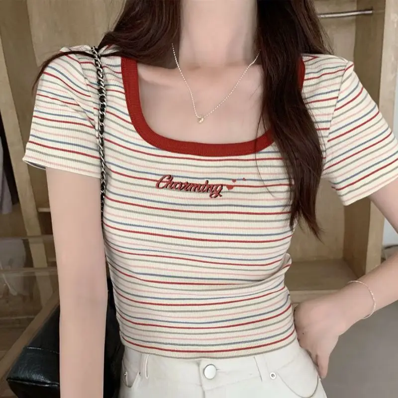 Women Summer Simplicity Slim Elegant Striped Cotton O-neck Short Sleeve T-Shirt Women Clothes Casual All-match Appear Thin Tops