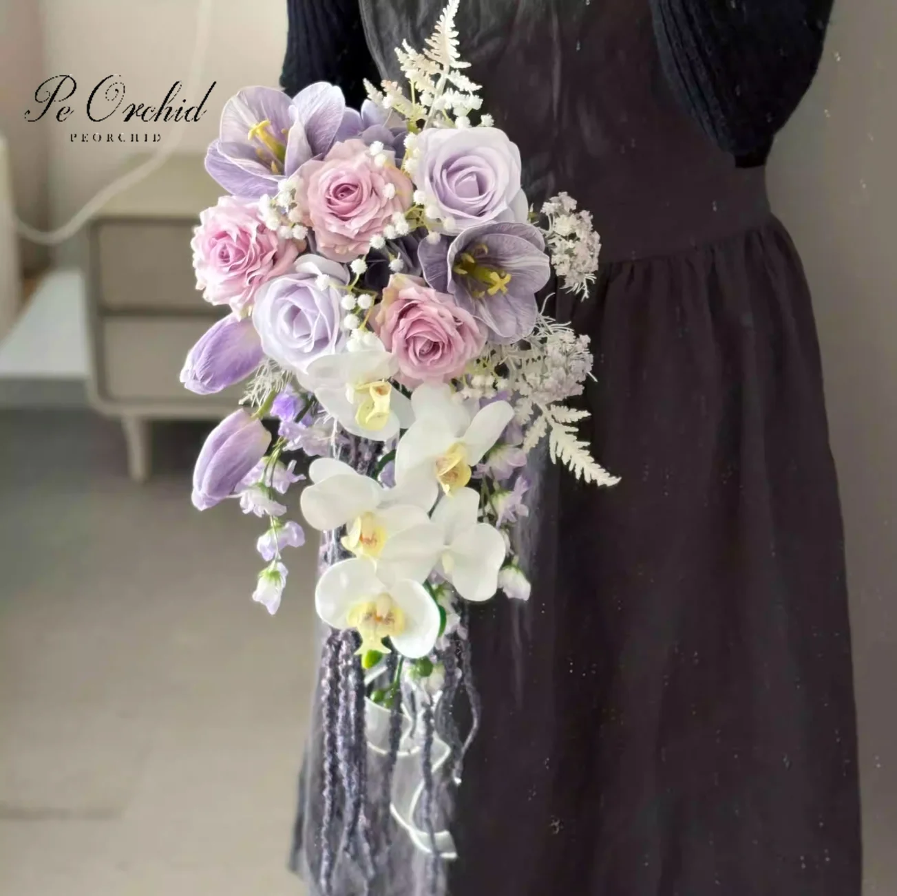 

Purple Pink Cascading Bride Bouquet Real Touch Artificial Rose Orchid ramo novia boda Wedding Flowers Bridal Bouquet
