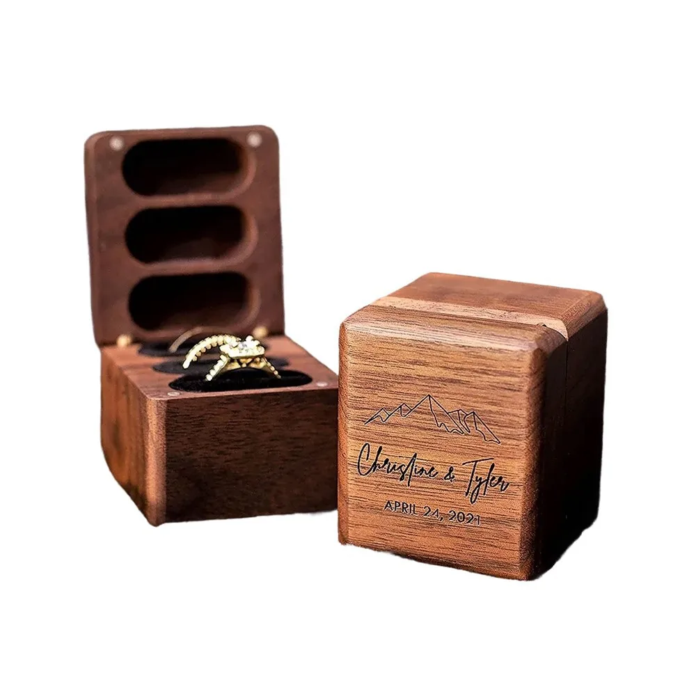 Black Walnut Ring Storage Box 3 Slot Wooden Ring Box Wedding Ring Women‘s Gift