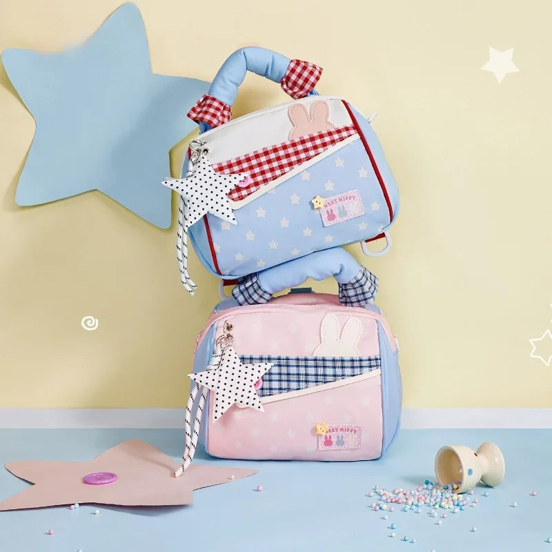 Miffy Reisetasche Große Kapazität Niedliche Farbblock-Gitter-Stern-Handtasche mit Reißverschlusstasche Umhängetasche für Damen