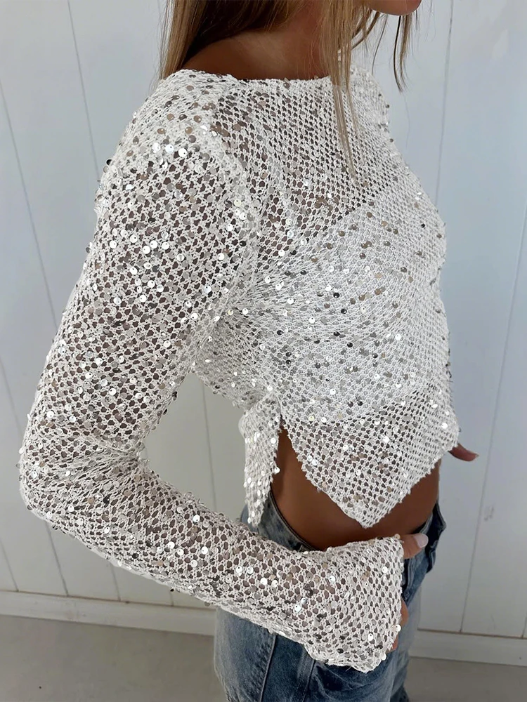 

Kliou лоскутные футболки с блестками, женские сексуальные прозрачные свободные воротники с длинными рукавами и боковыми разрезами, популярные укороченные топы для уличной моды для девочек