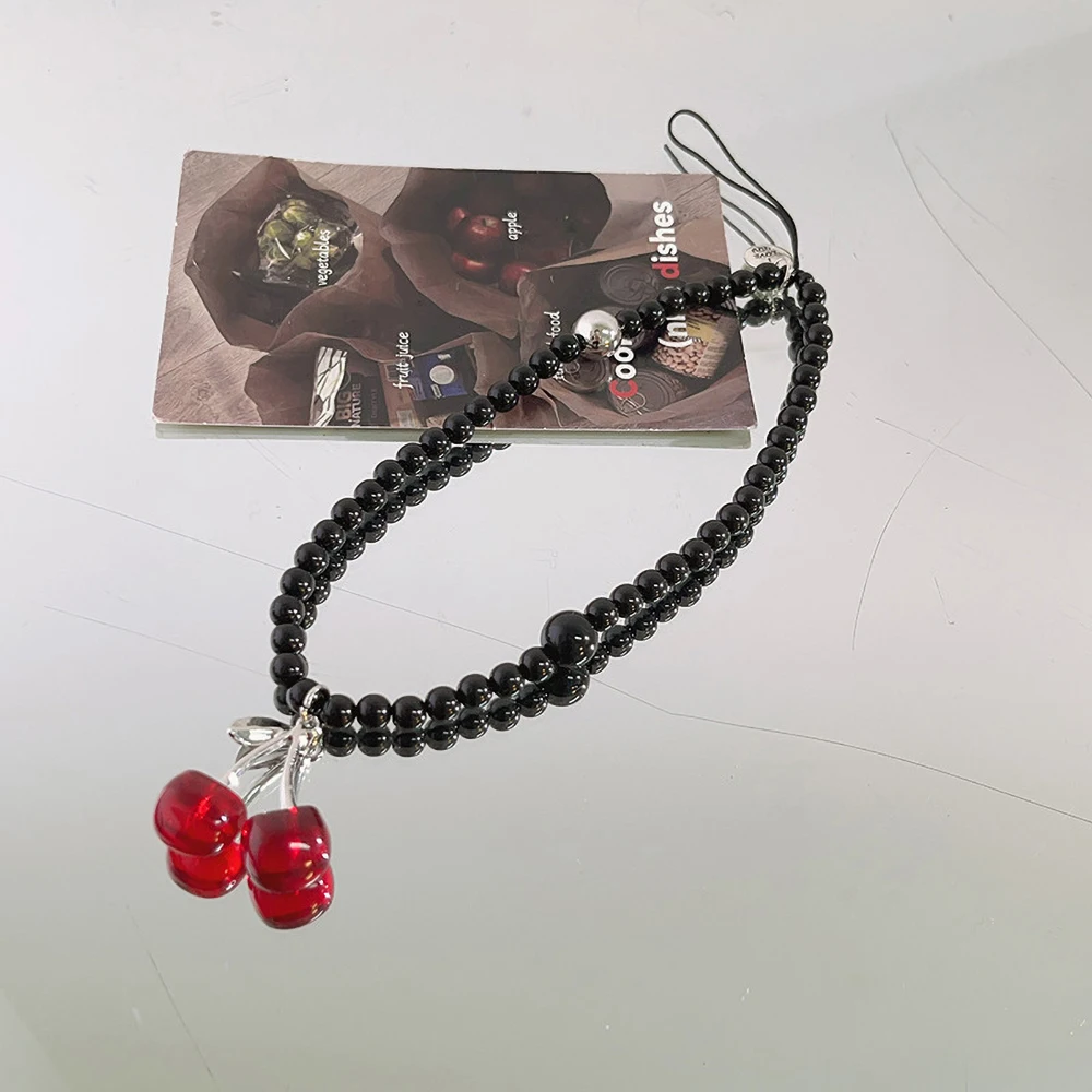 Cordón de cadena para teléfono con lazo de fresa y cereza, correa para la muñeca, cordón colgante, pulsera, cordón móvil, regalo de joyería
