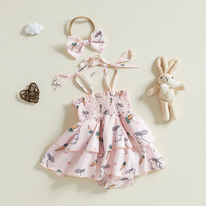 

0-18M Newborn Infant Baby Girls Easter Romper Dress Casual Tie up Strap Bunny Carrot Print Sleeveless Jumpsuit and Headband Sets