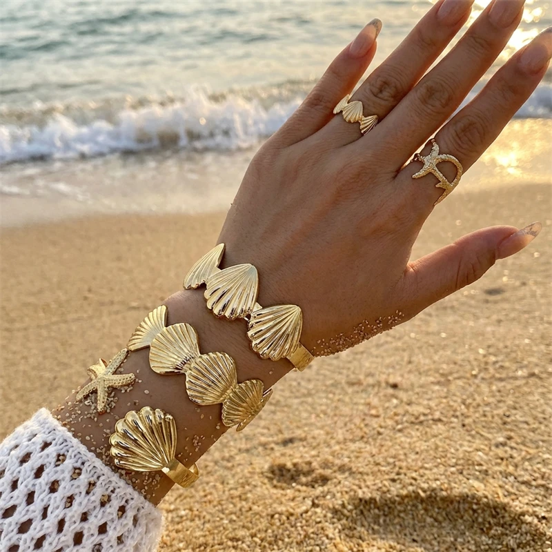 

5Pcs Bohemian Gold Color Metal Starfish Shell Cuff Bracelet Ring Set For Women Ocean Style Adjustable Bangle Finger Ring Jewelry