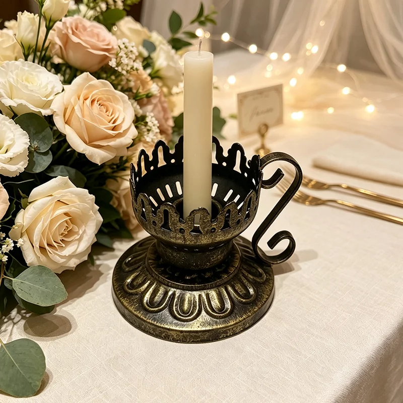 Vintage Antique Bronze, Hollow Lace Cup Shape, Curled Handle, Suitable for Long-Stemmed Candles, Wedding Table and Home Decoration