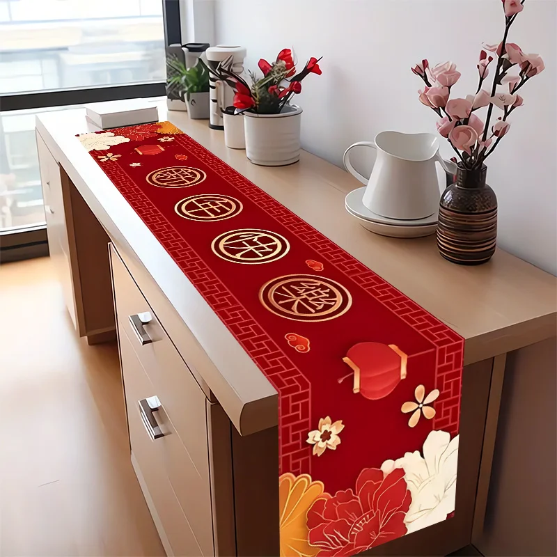 Chinese Happy New Year Linen Table Runner Home Party Decorations 2025 China Spring Festive Table Runners Foor Dining Table Decor