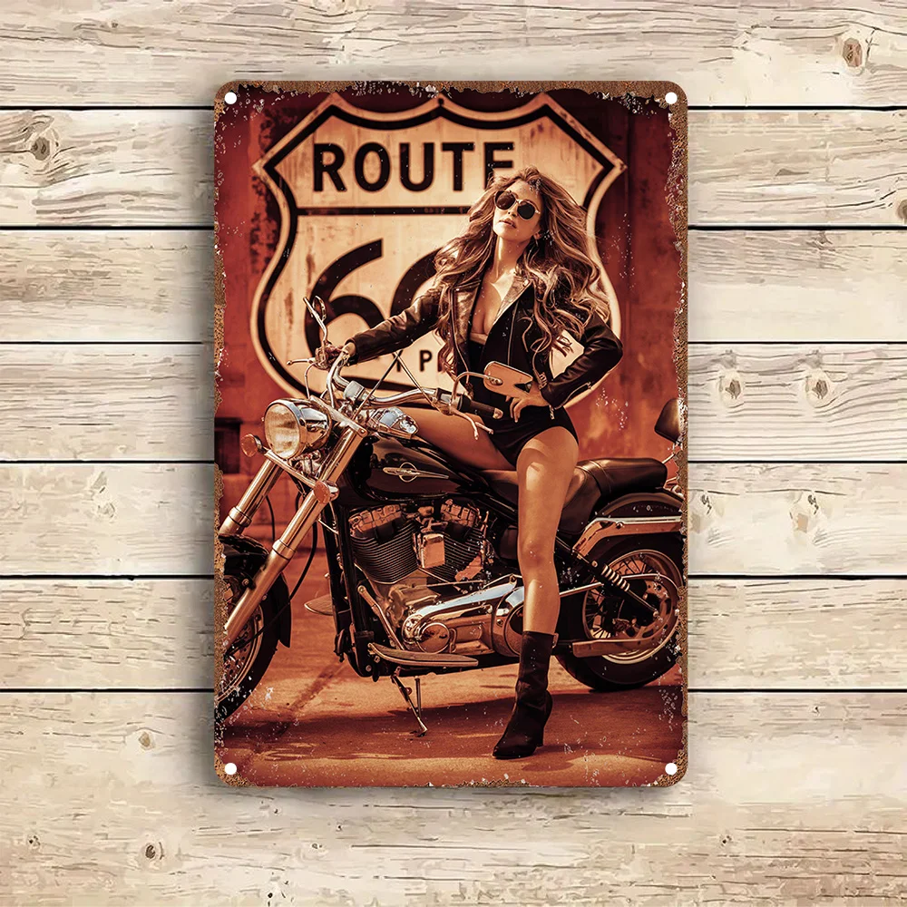 [Vintage Motorcycle Wall Art] Vintage Route 66 Motorcycle Metal Wall Art - Rustic Tin Sign with Woman on Bike, for Home, Bar, Ca