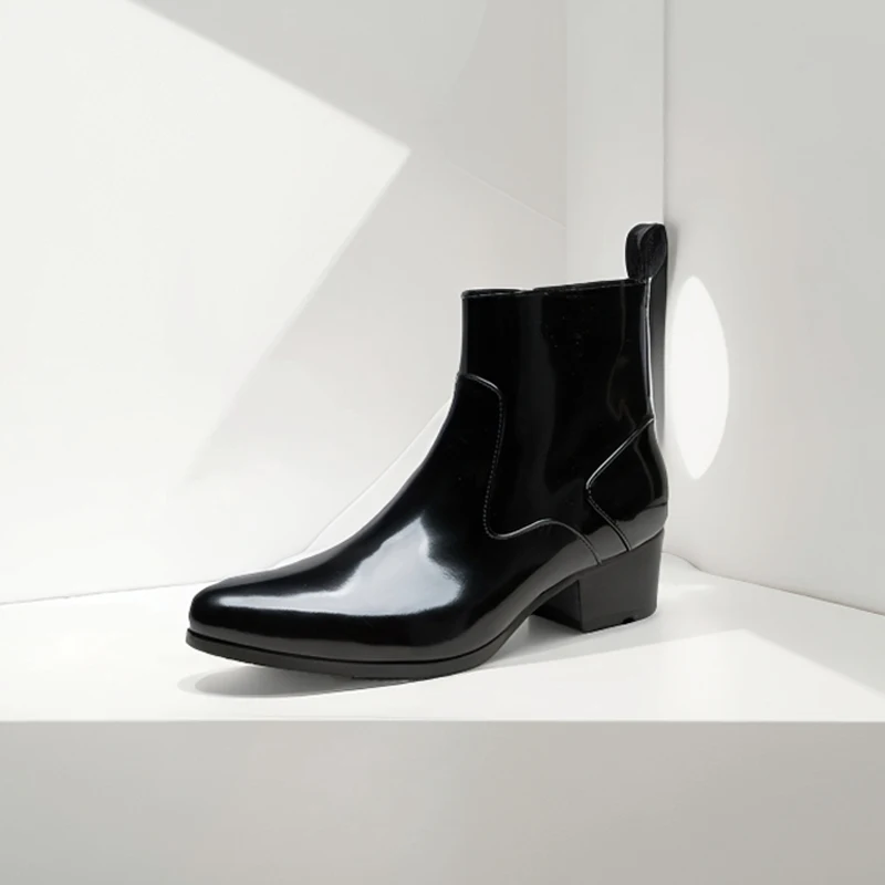 

Ankle Chelsea Boots Men's Increased Height 5cm Calfskin Leather Zip Pointed Toe Formal British Basic Dress Short Shoes