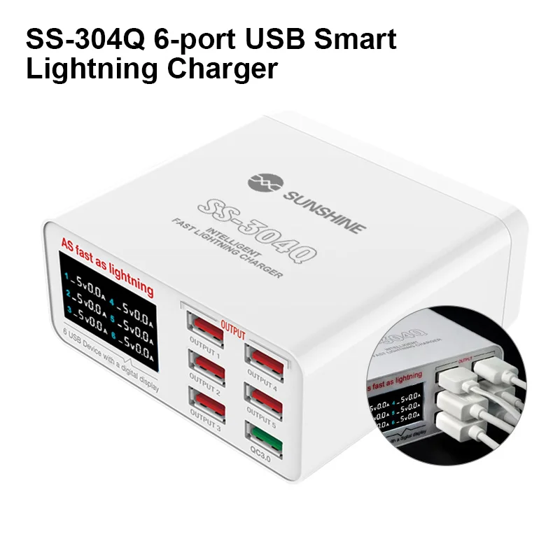 

Sunshine SS-304Q USB Smart Lightning Зарядное устройство Цифровой дисплей 6-портовый 2,4A Быстрая зарядка Интеллект QC 3.0 Совместимость