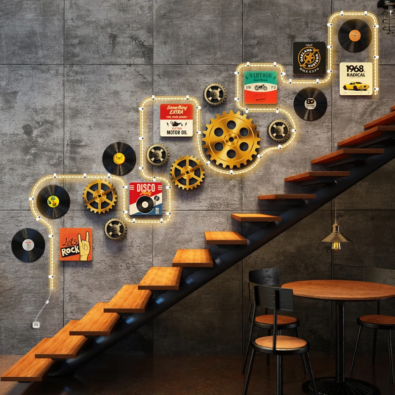 Retro Industrial Lighted Wall Art, Creative Gear & Record Combination, Bar or Pub Wall Decor, Unique Wall Decoration for Lounge