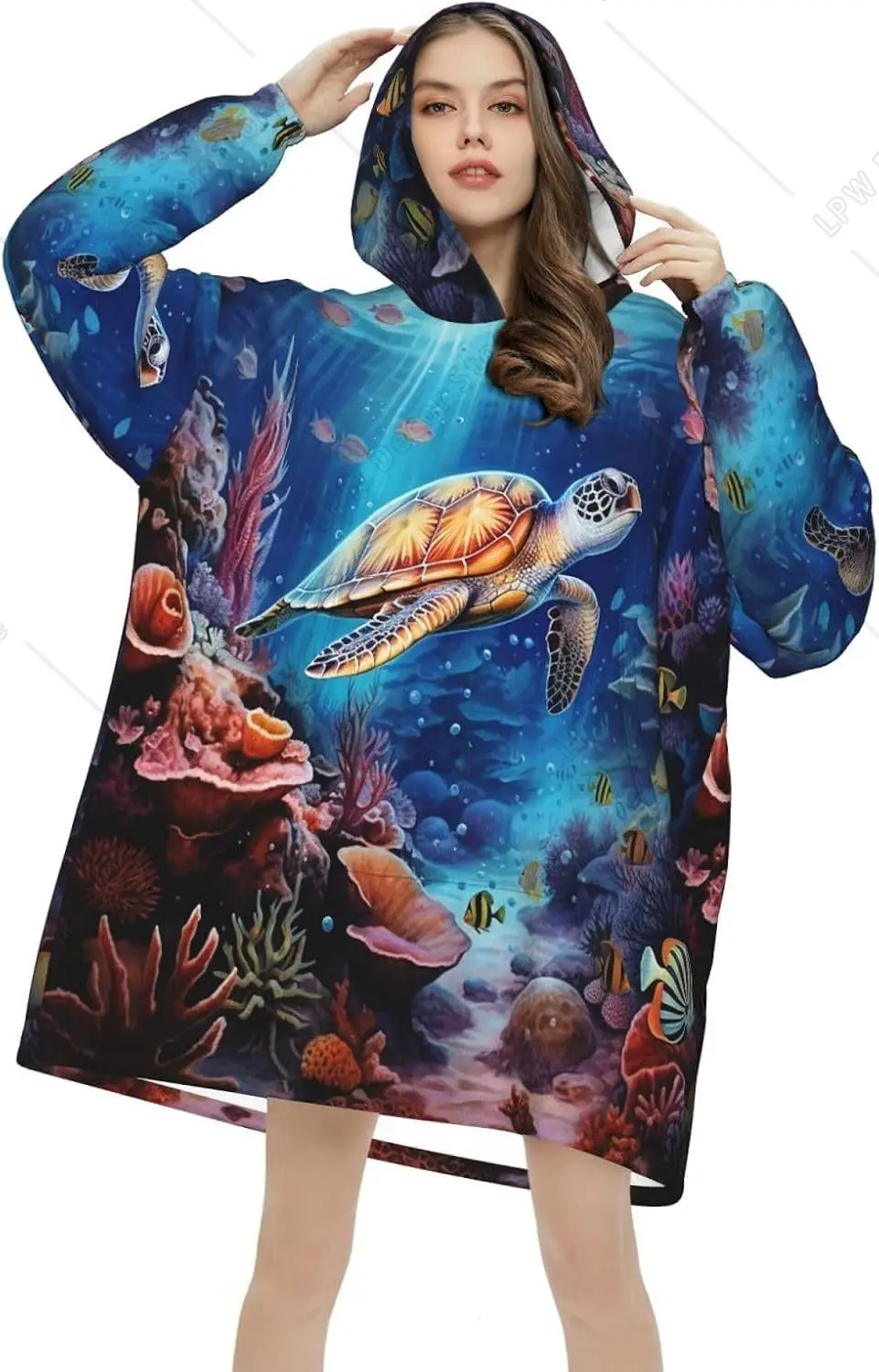 Ocean Turtle Wearable Blanket Hoodie Marine Tropical Fish Oversized Sweatshirt Blanket Cozy Warm Sherpa Hooded Blanket