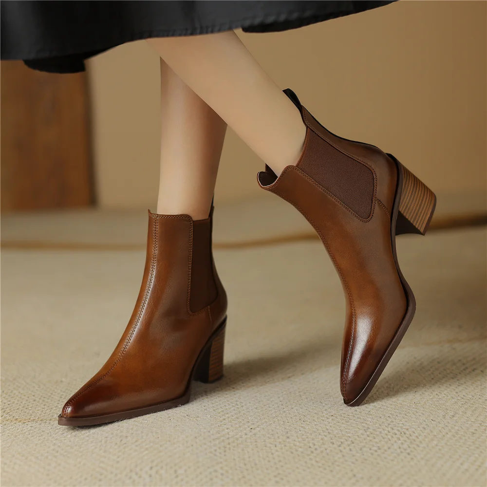 FEDONAS Mature Pointed Toe Women Ankle Boots Genuine Leather Thick High Heels 2024 Autumn Winter Basic Office Lady Shoes Woman