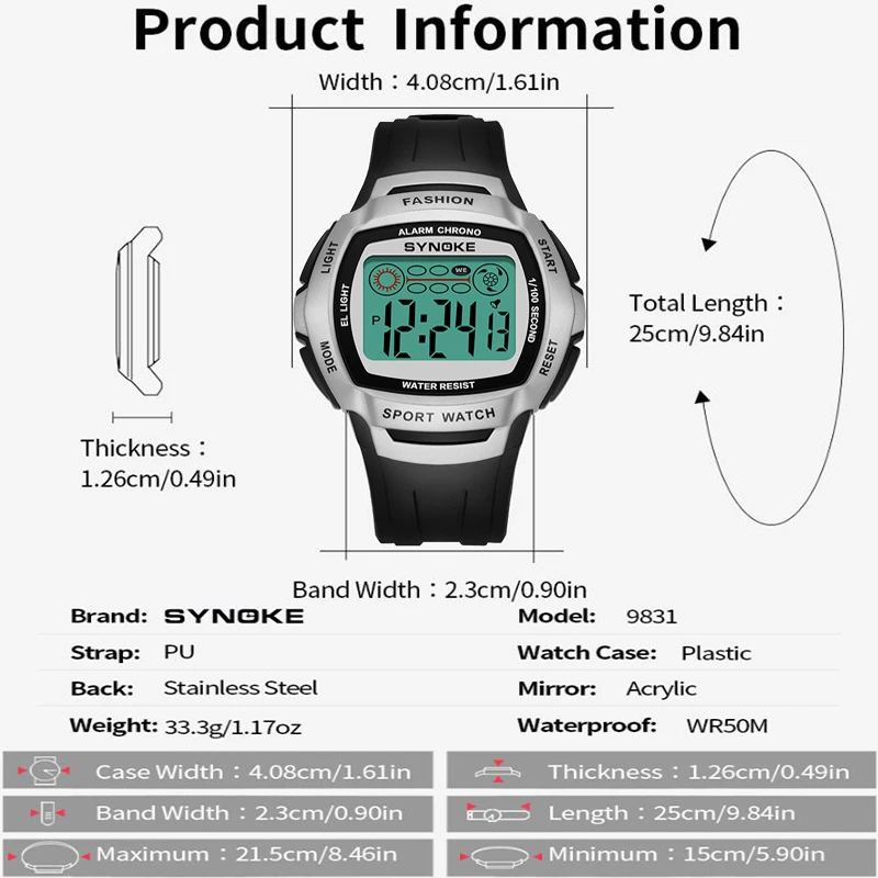 Synoke Shockproof Men's Digital Sport's Watches Fashion PU Strap 50M Waterproof Led Chronograph Alarm Clock 12/24 Hour