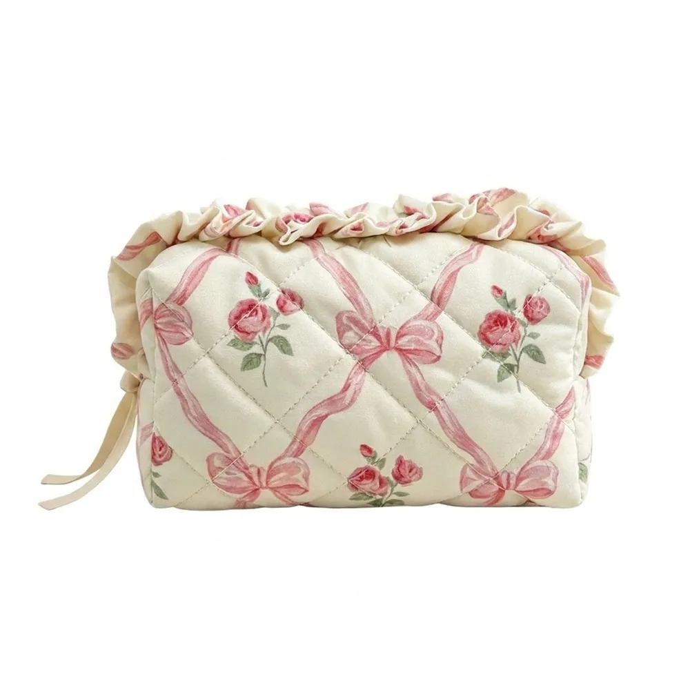 1pc High Quality Quilted Makeup Bag Floral Bow Large Capacity Toiletry Bag Cosmetic Pouch Home Travel